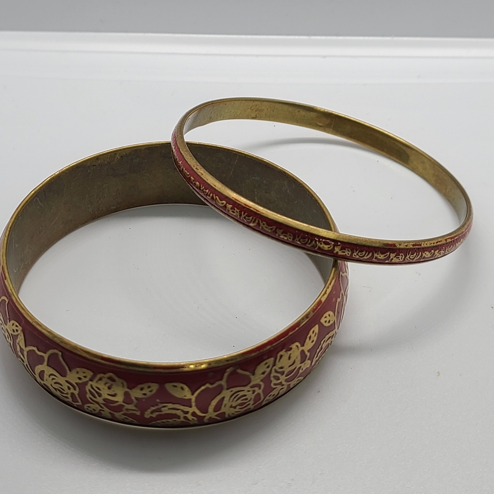 Brass & Red Enamel Gold Floral Accents, Bracelets 2 - Picture 4 of 7